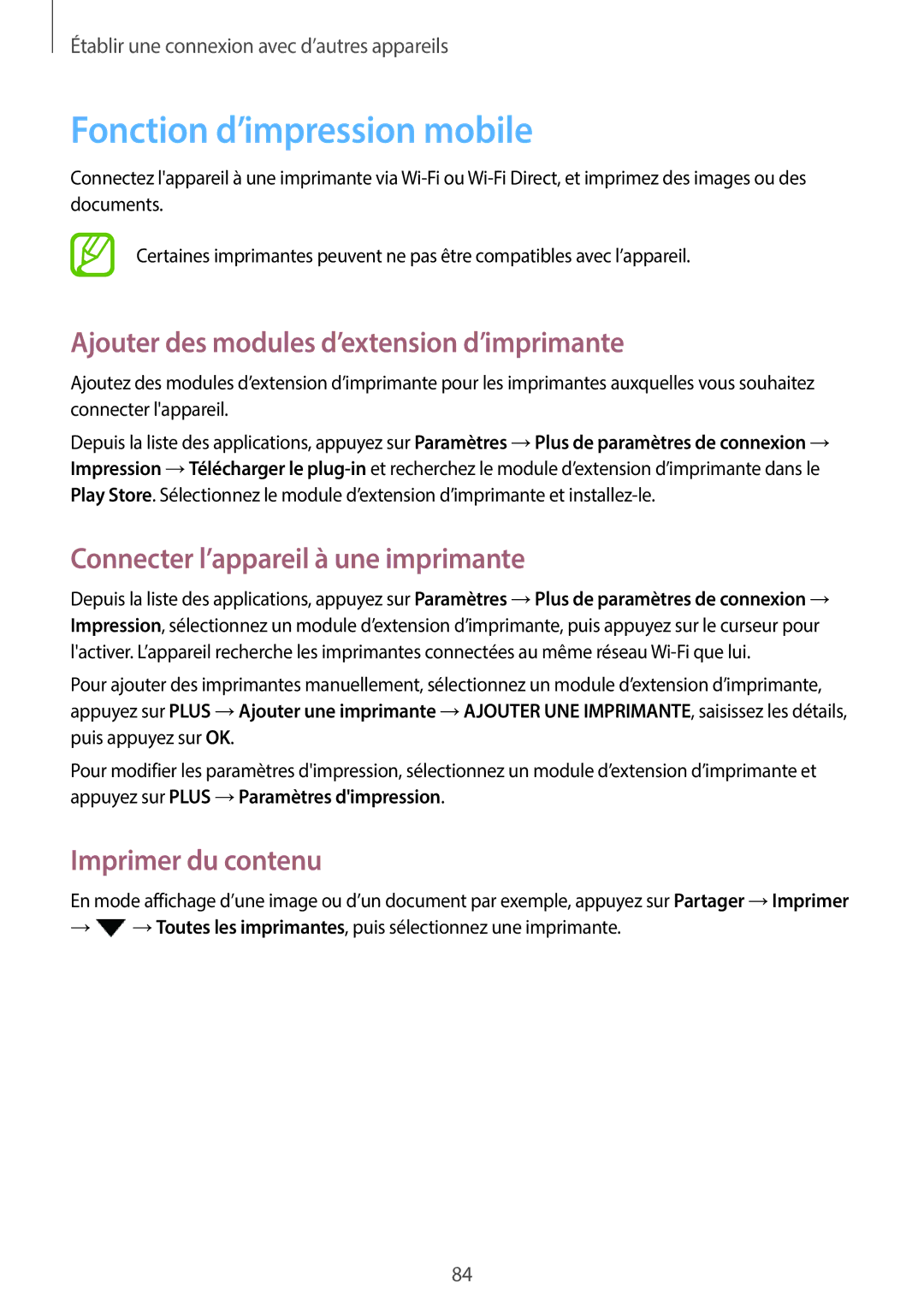 Samsung SM-T555NZWAXEF Fonction d’impression mobile, Ajouter des modules d’extension d’imprimante, Imprimer du contenu 