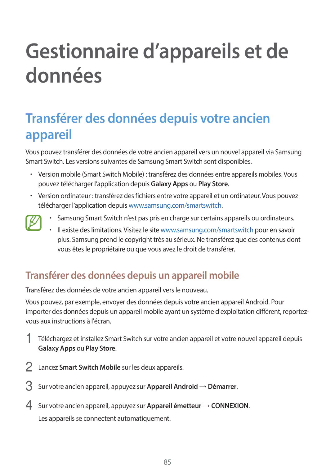 Samsung SM-T555NZWAXEF manual Gestionnaire d’appareils et de données, Transférer des données depuis votre ancien appareil 