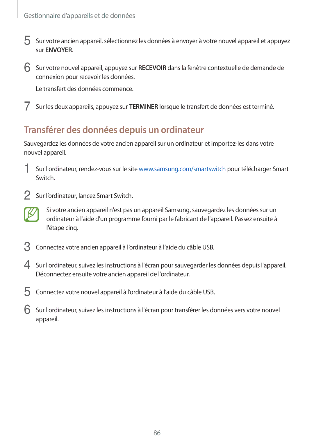 Samsung SM-T555NZWAXEF manual Transférer des données depuis un ordinateur, Gestionnaire d’appareils et de données 