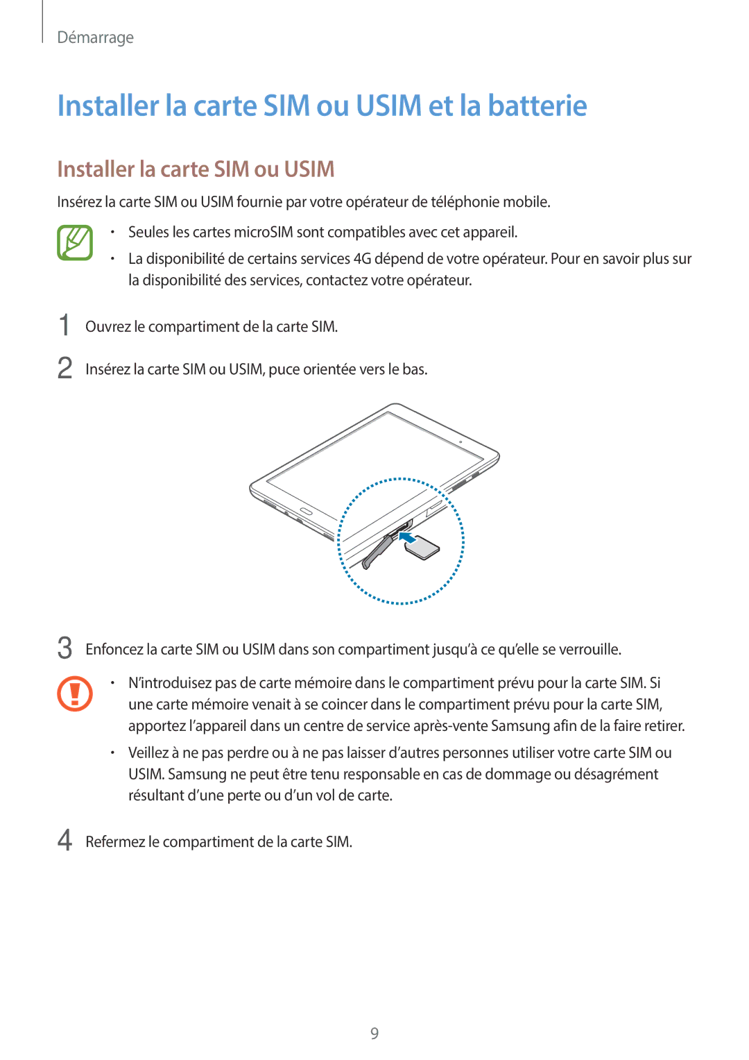 Samsung SM-T555NZWAXEF manual Installer la carte SIM ou Usim et la batterie 