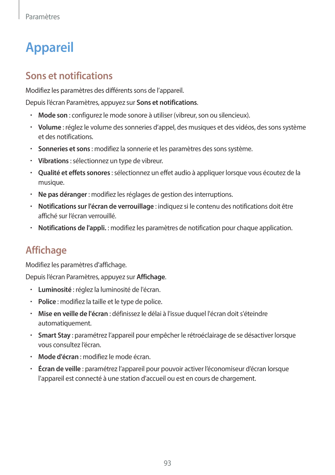 Samsung SM-T555NZWAXEF manual Appareil, Sons et notifications, Affichage 