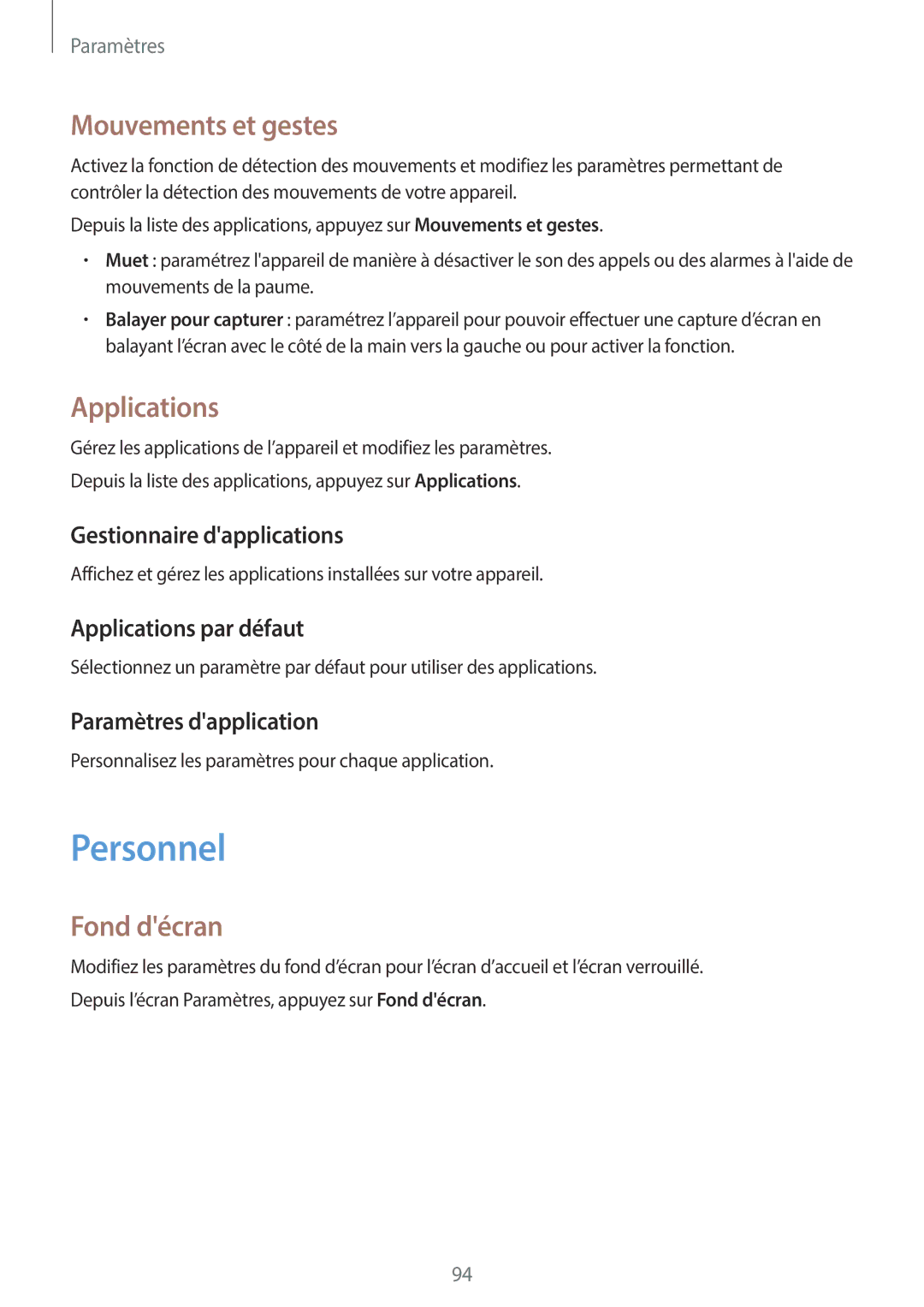 Samsung SM-T555NZWAXEF manual Personnel, Mouvements et gestes, Applications, Fond décran 