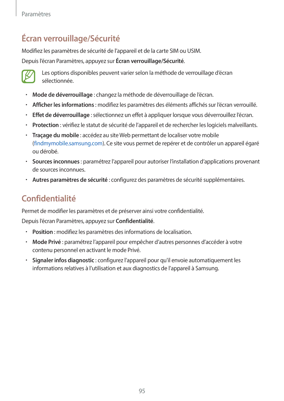 Samsung SM-T555NZWAXEF manual Écran verrouillage/Sécurité, Confidentialité 