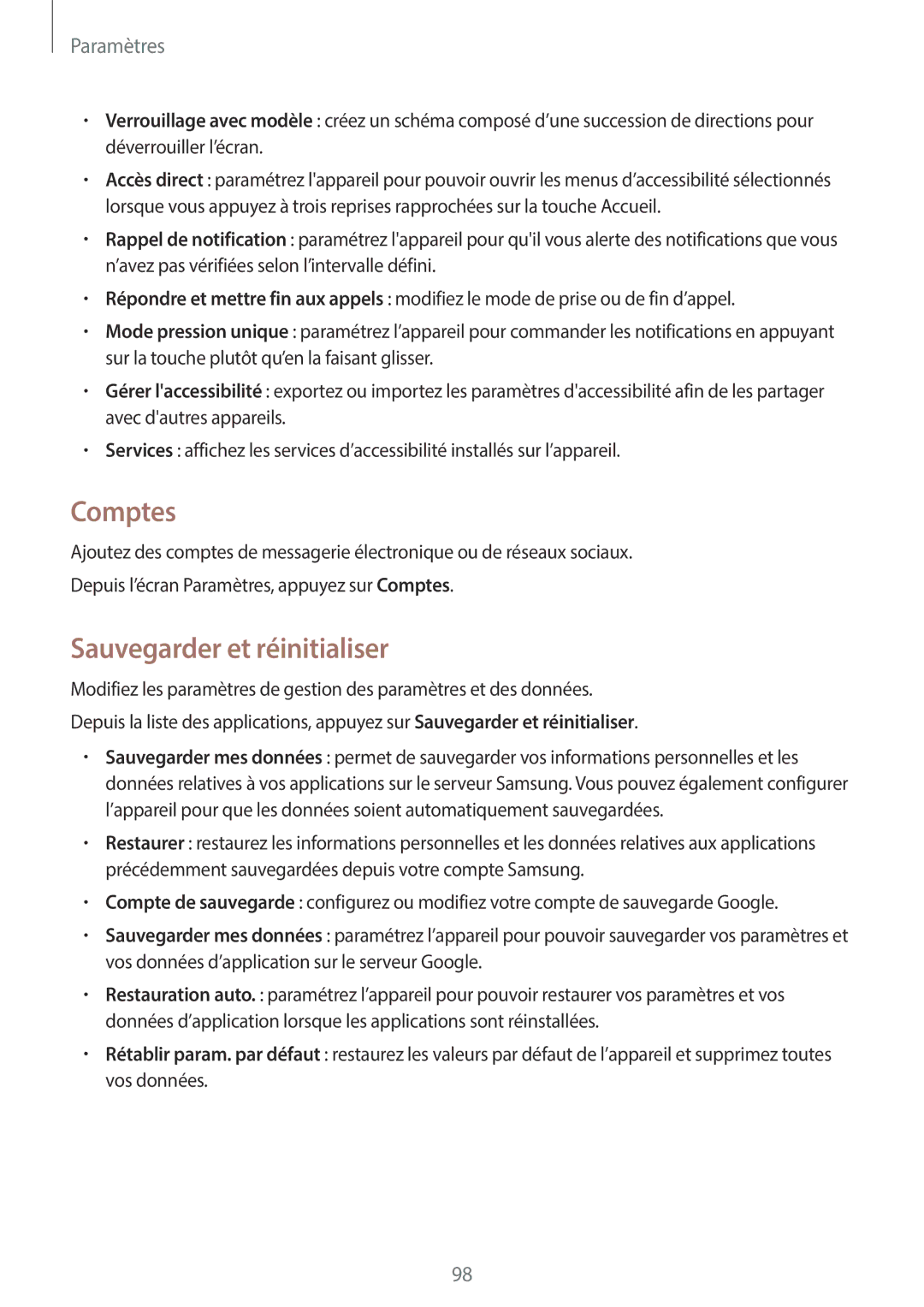 Samsung SM-T555NZWAXEF manual Comptes, Sauvegarder et réinitialiser 