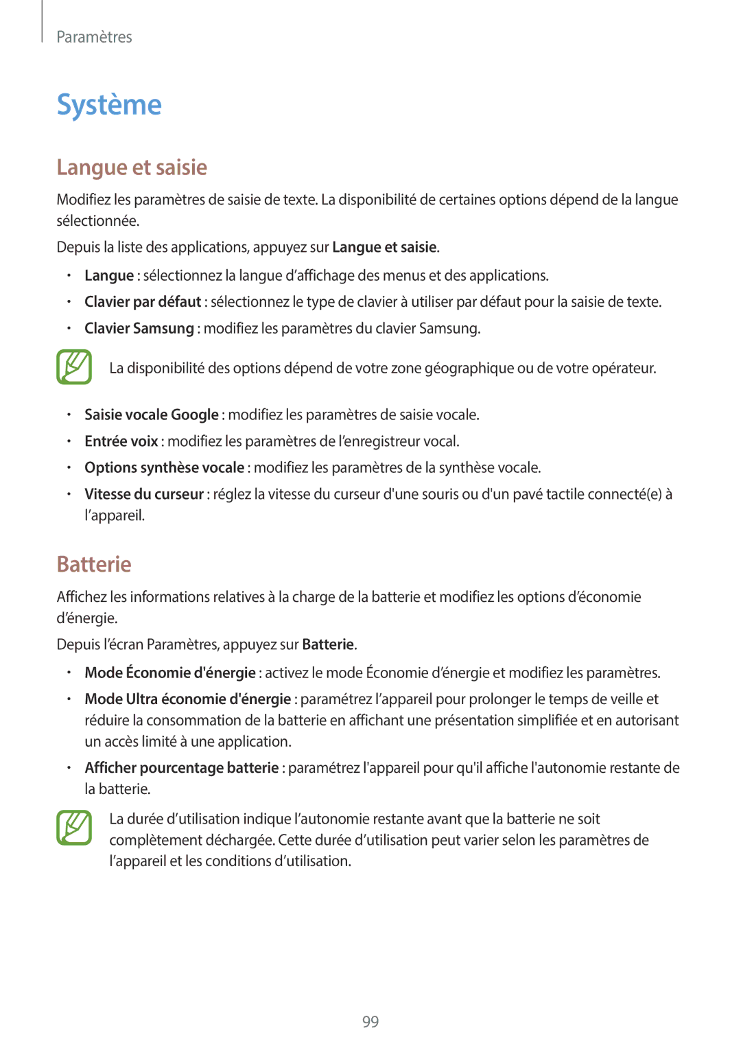 Samsung SM-T555NZWAXEF manual Système, Langue et saisie, Batterie 