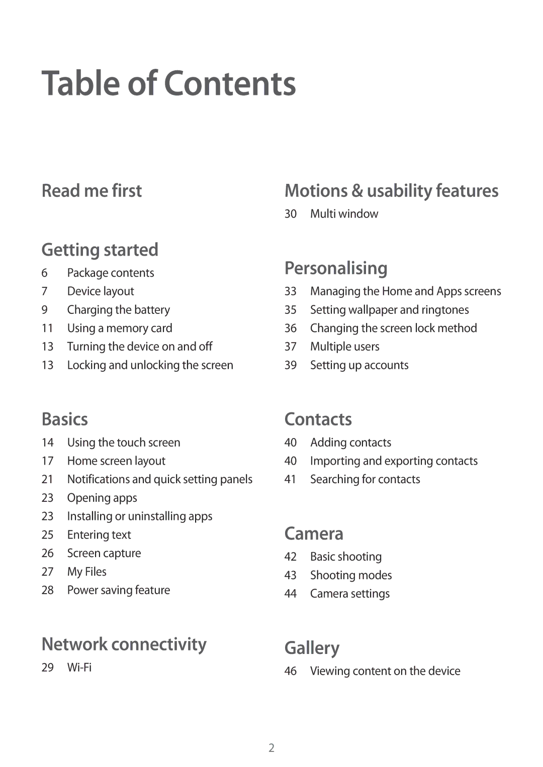 Samsung SM-T560NZWAXEF, SM-T560NZKADBT, SM-T560NZWADBT, SM-T560NZKAXEF, SM-T560NZWAITV, SM-T560NZWAPHE manual Table of Contents 