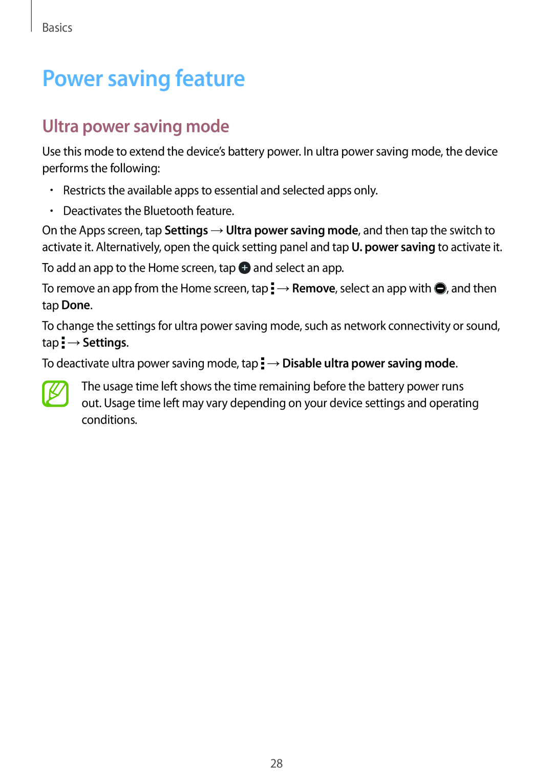 Samsung SM-T560NZKAILO, SM-T560NZKADBT, SM-T560NZWADBT, SM-T560NZWAXEF manual Power saving feature, Ultra power saving mode 