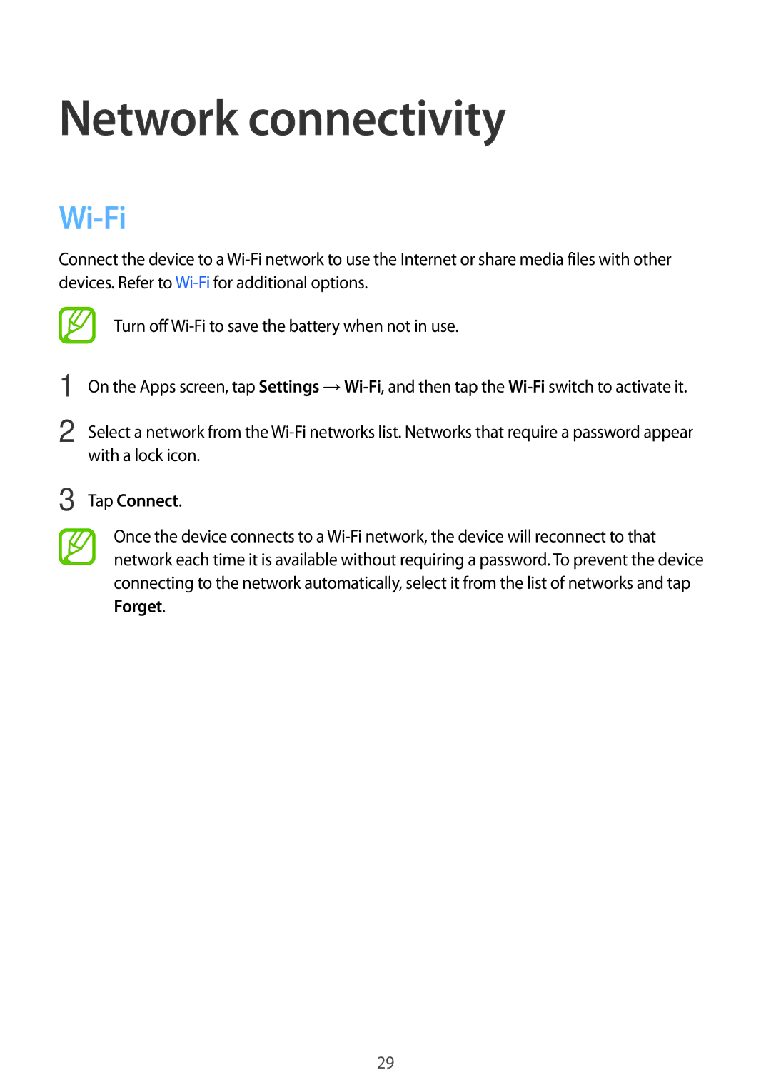 Samsung SM-T560NZKAXEH, SM-T560NZKADBT, SM-T560NZWADBT, SM-T560NZWAXEF manual Network connectivity, Wi-Fi, Tap Connect 