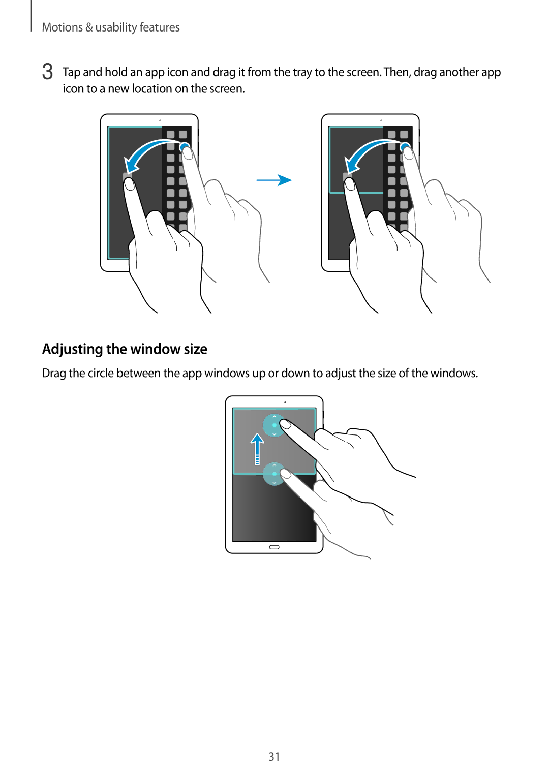 Samsung SM-T560NZNAXEH, SM-T560NZKADBT, SM-T560NZWADBT manual Adjusting the window size, Motions & usability features 