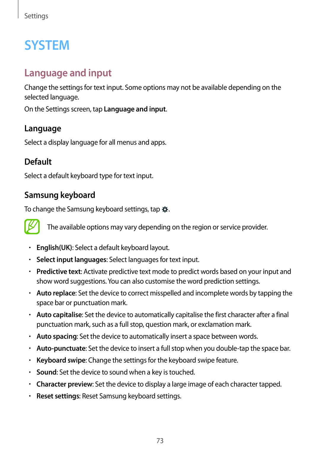 Samsung SM-T560NZWAPHE, SM-T560NZKADBT, SM-T560NZWADBT, SM-T560NZWAXEF manual Language and input, Default, Samsung keyboard 