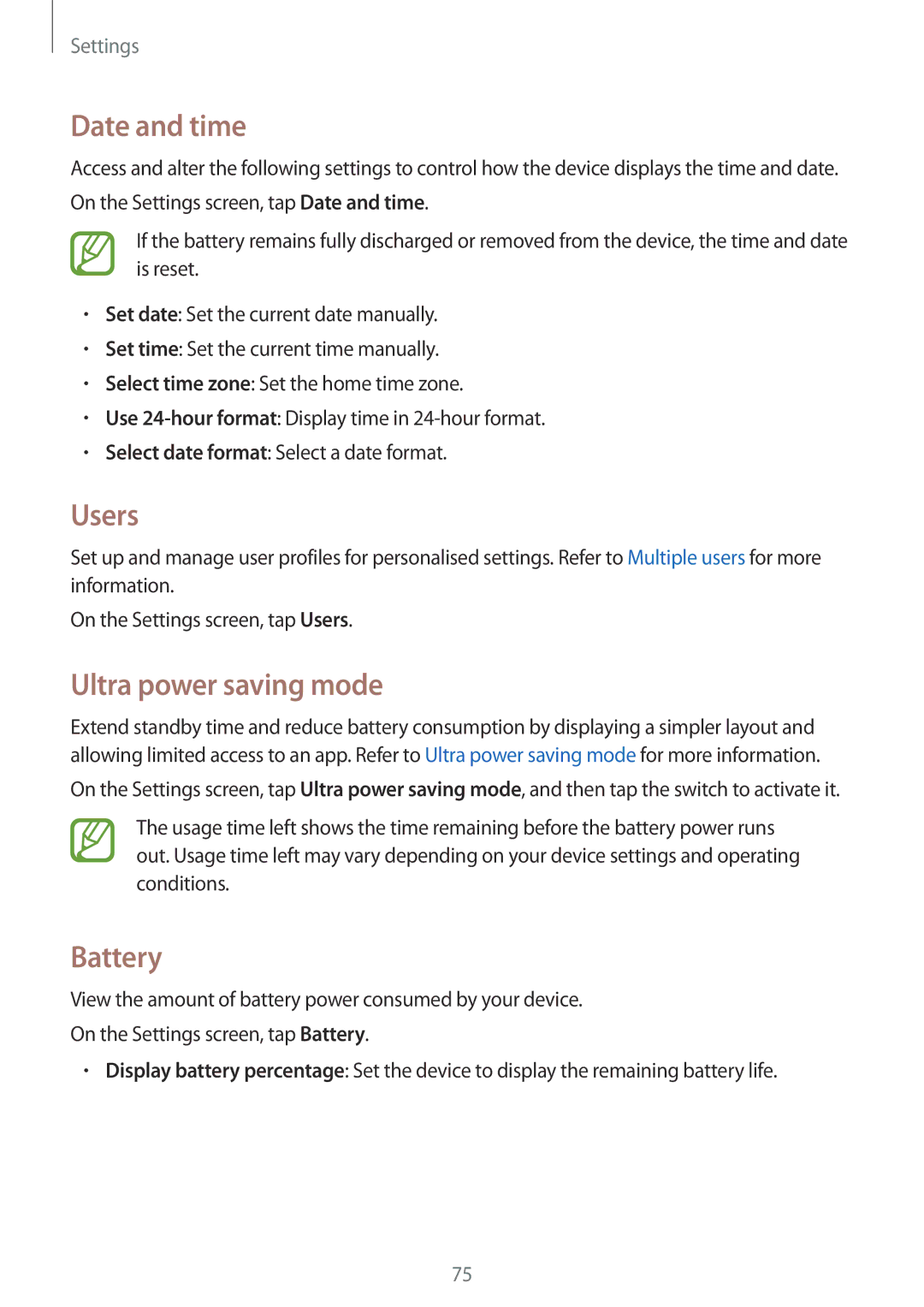 Samsung SM-T560NZKABGL, SM-T560NZKADBT, SM-T560NZWADBT, SM-T560NZWAXEF, SM-T560NZKAXEF manual Date and time, Users, Battery 