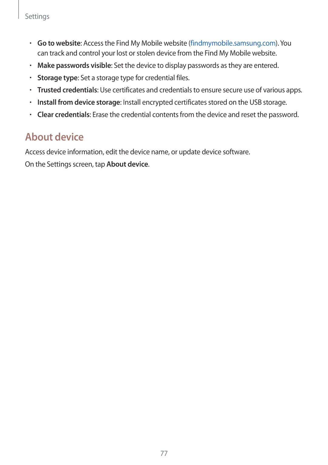 Samsung SM-T560NZKANEE, SM-T560NZKADBT, SM-T560NZWADBT About device, Storage type Set a storage type for credential files 