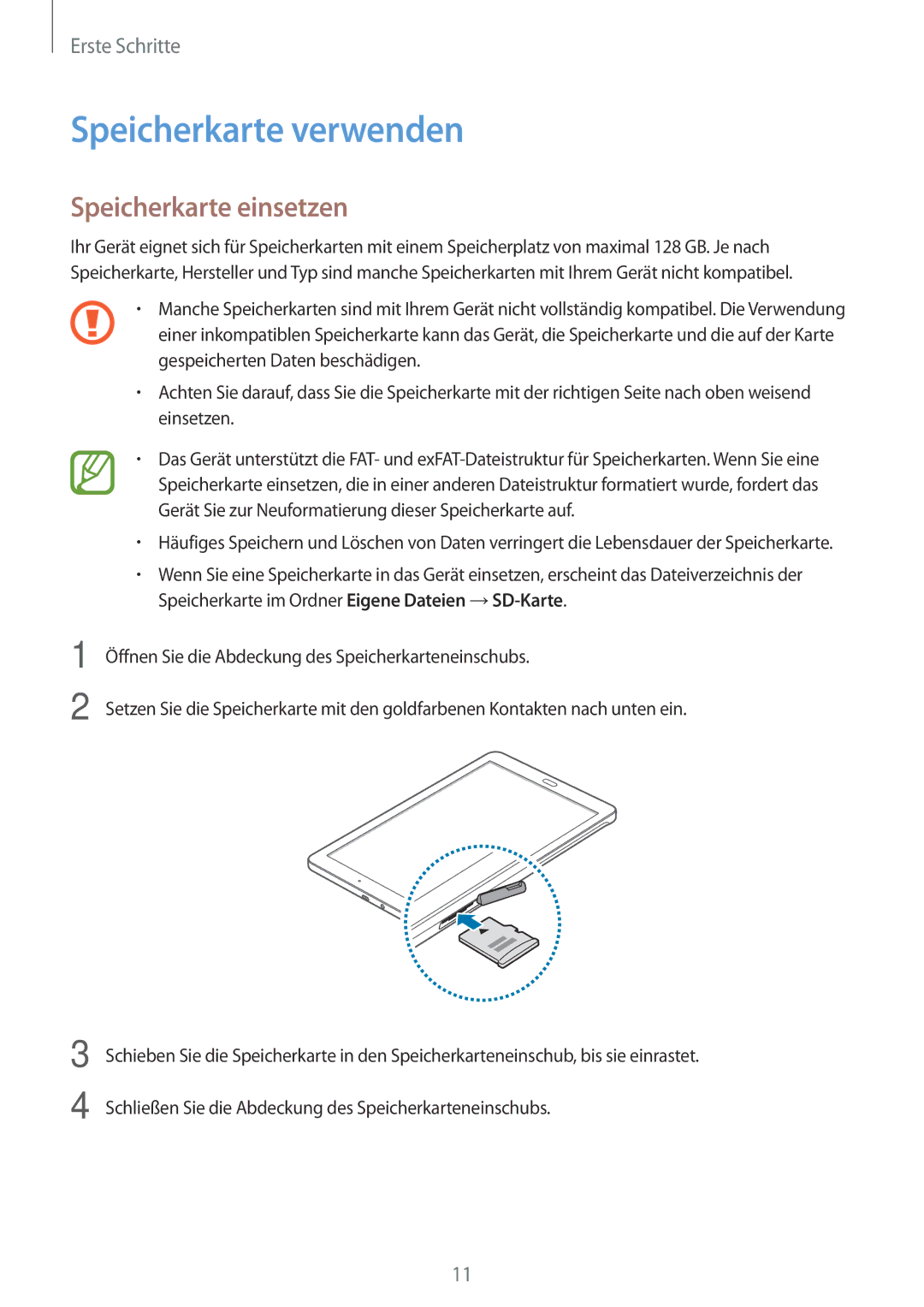 Samsung SM-T560NZWADBT, SM-T560NZKADBT manual Speicherkarte verwenden, Speicherkarte einsetzen 