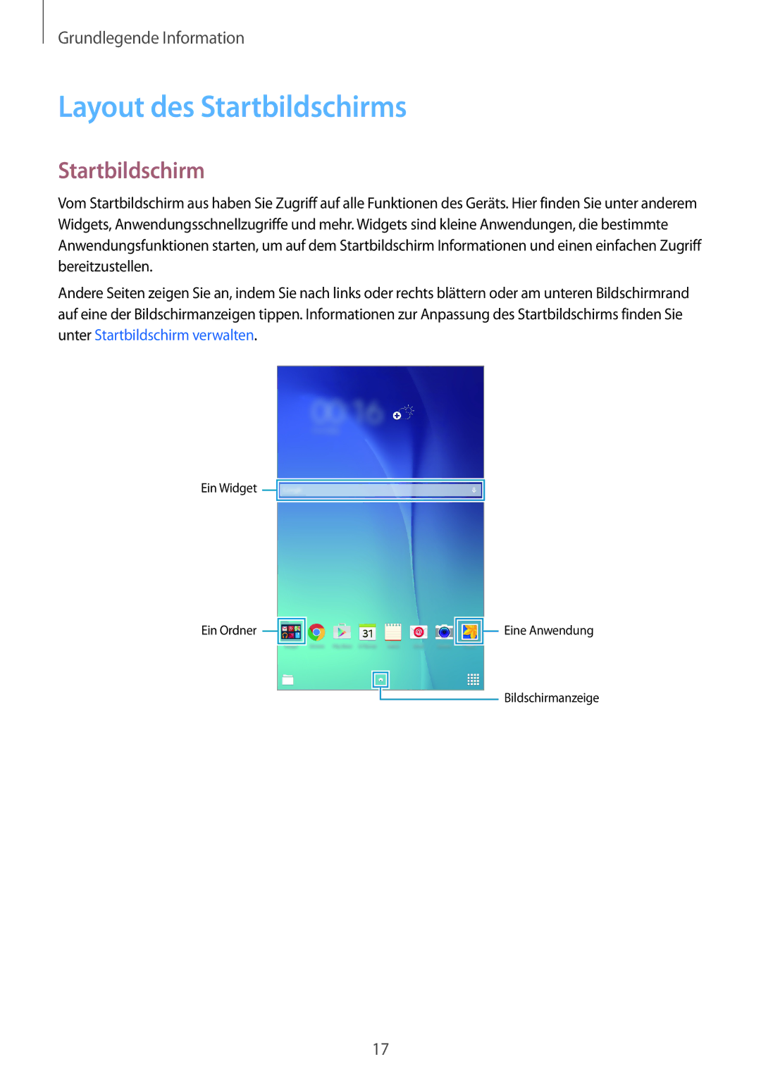 Samsung SM-T560NZWADBT, SM-T560NZKADBT manual Layout des Startbildschirms 