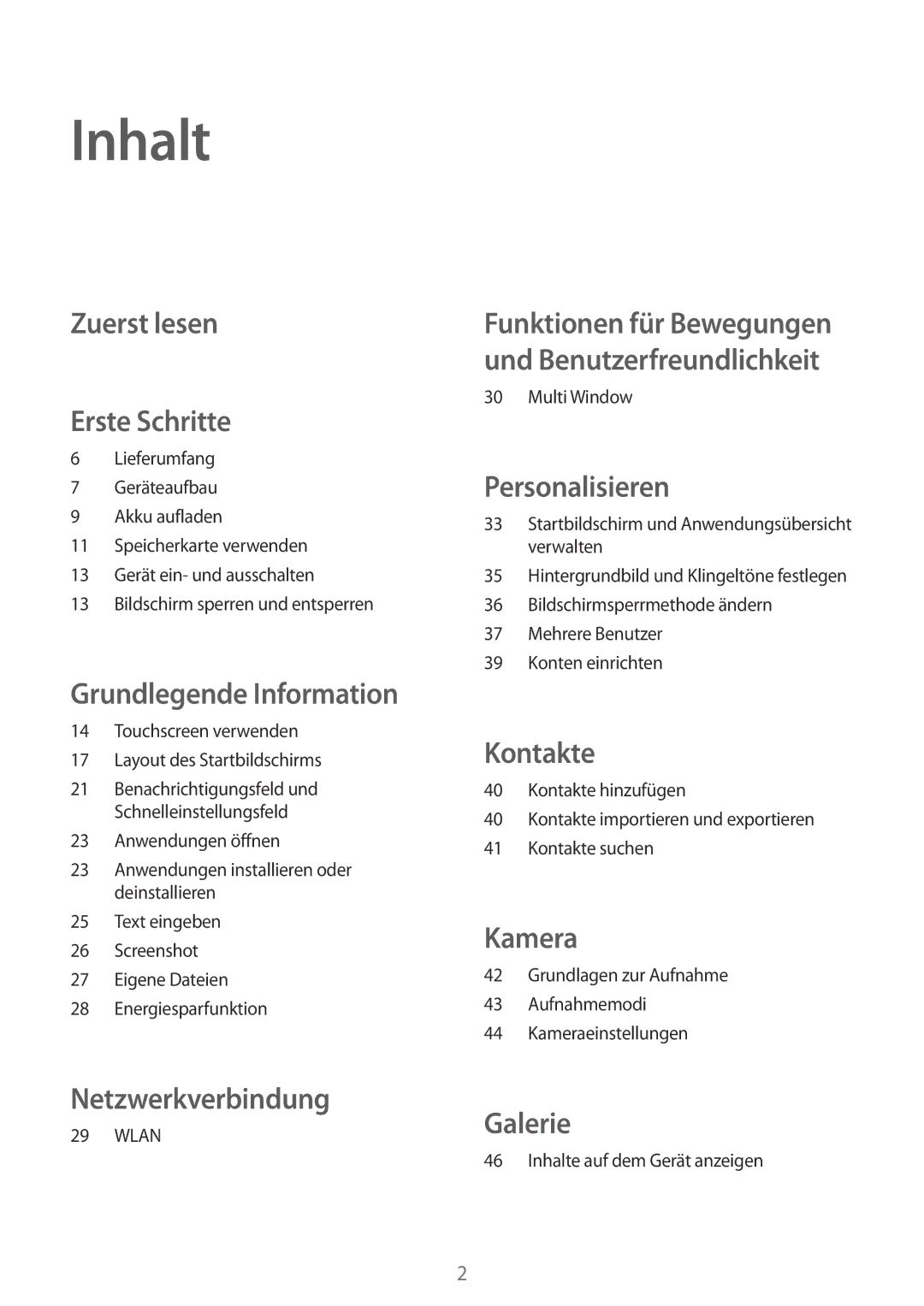 Samsung SM-T560NZKADBT, SM-T560NZWADBT manual Inhalt, Zuerst lesen Erste Schritte 