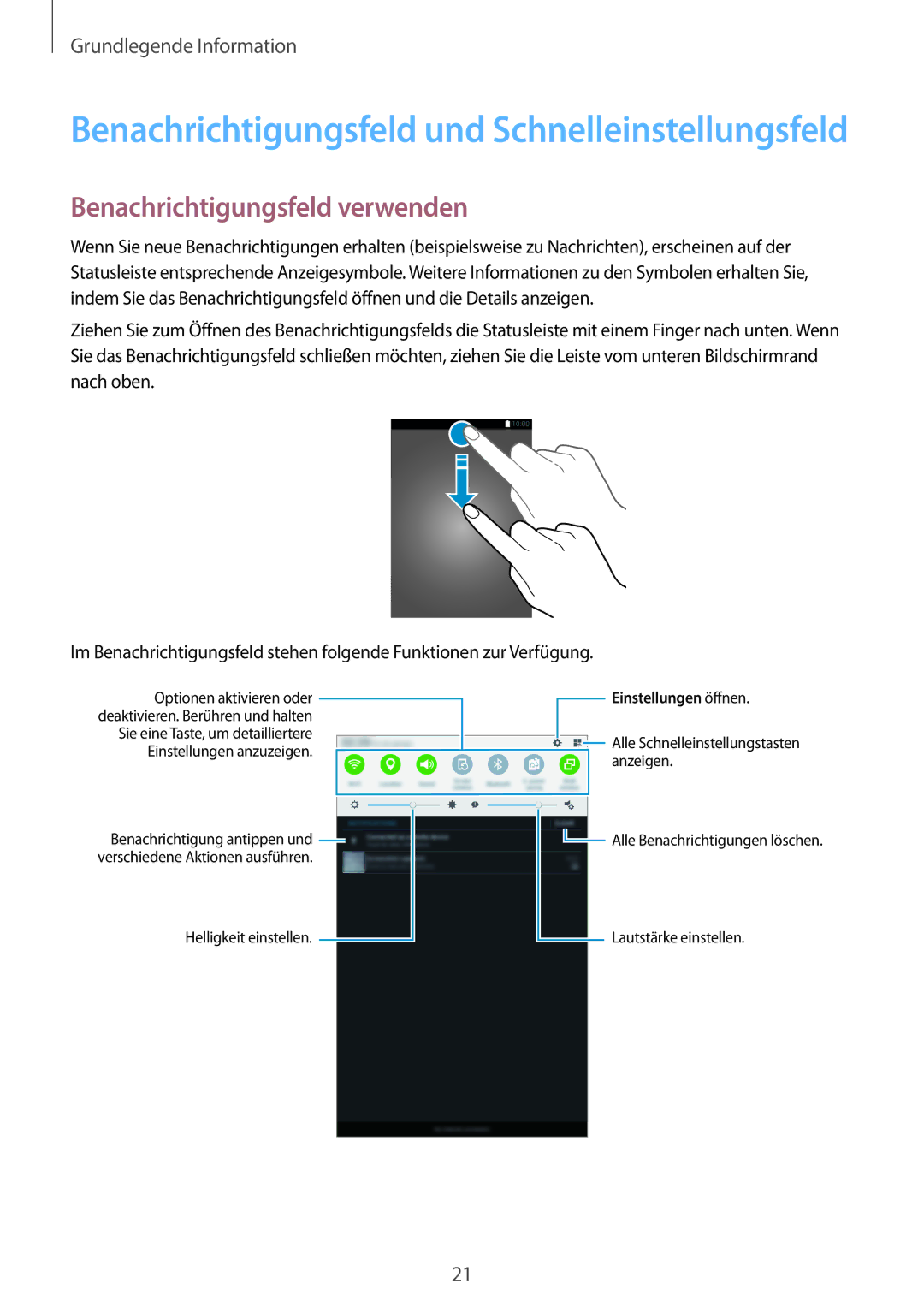 Samsung SM-T560NZWADBT, SM-T560NZKADBT Benachrichtigungsfeld und Schnelleinstellungsfeld, Benachrichtigungsfeld verwenden 