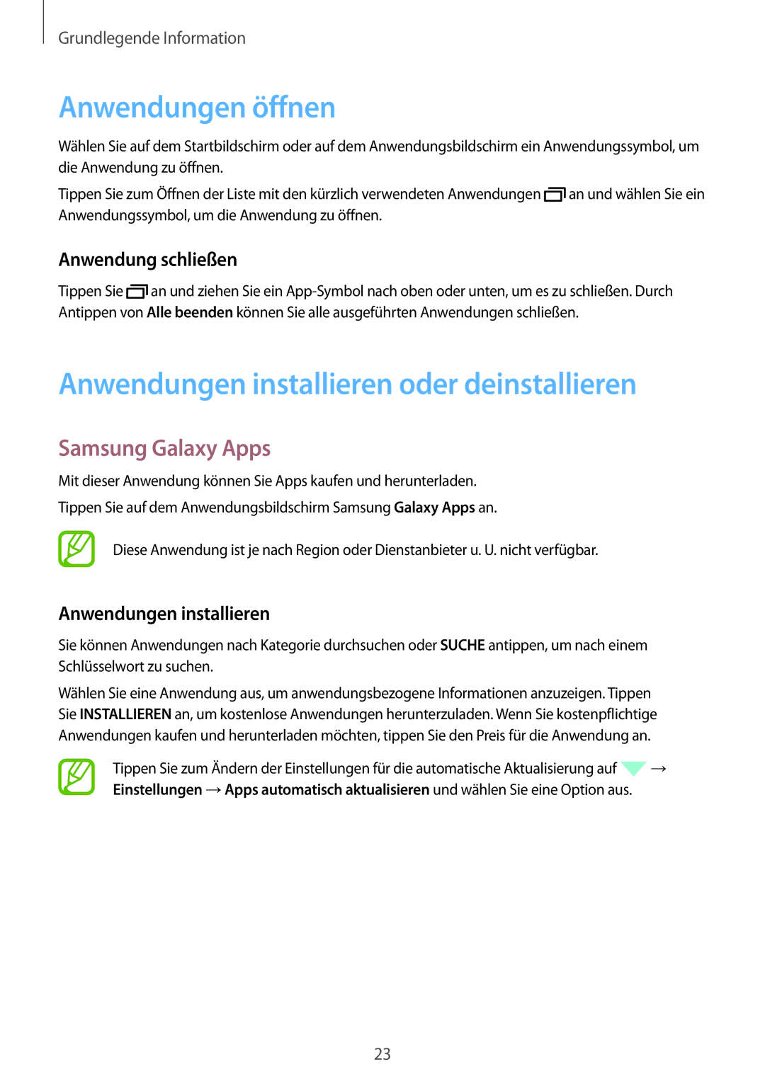 Samsung SM-T560NZWADBT manual Anwendungen öffnen, Anwendungen installieren oder deinstallieren, Samsung Galaxy Apps 