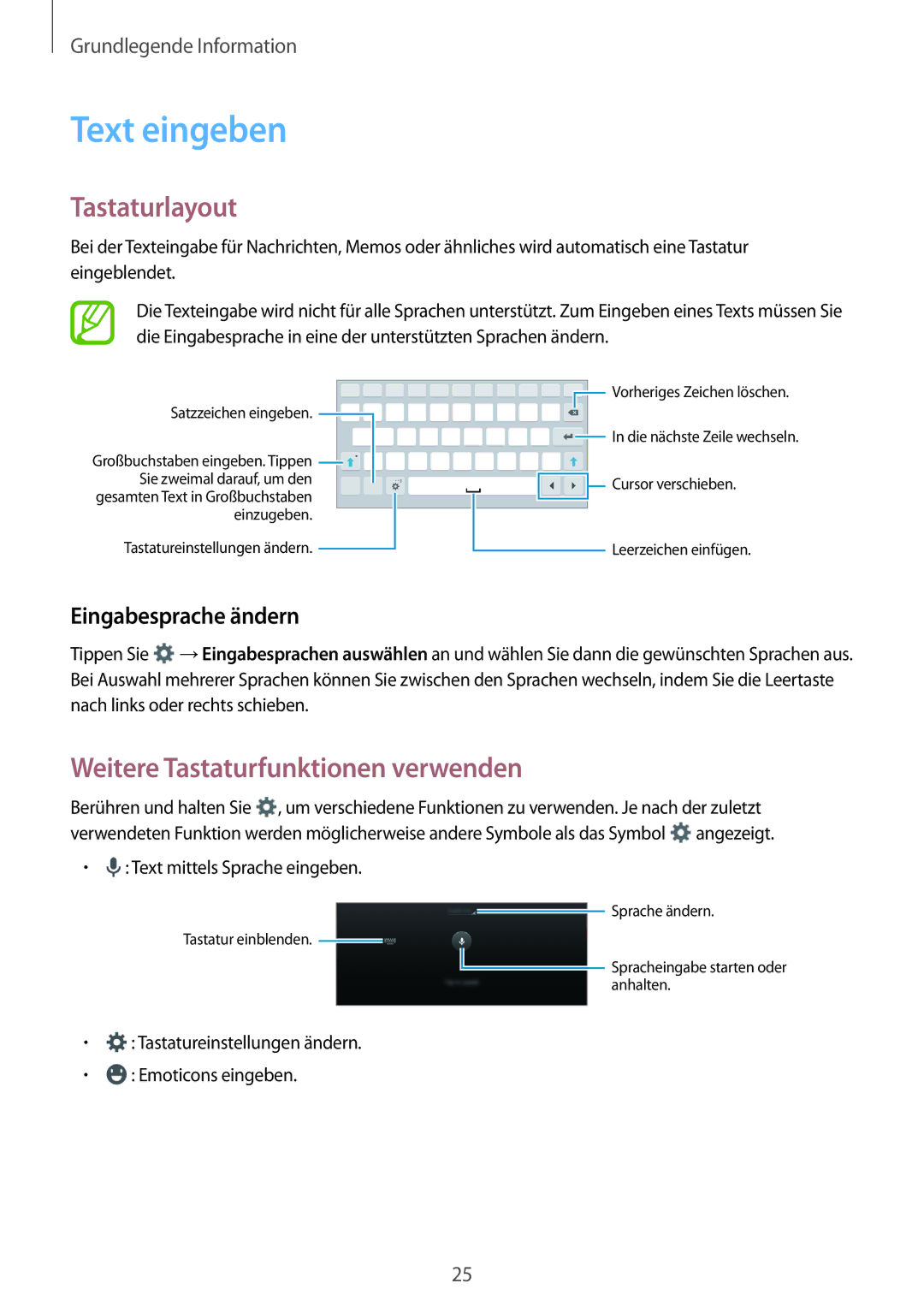 Samsung SM-T560NZWADBT manual Text eingeben, Tastaturlayout, Weitere Tastaturfunktionen verwenden, Eingabesprache ändern 