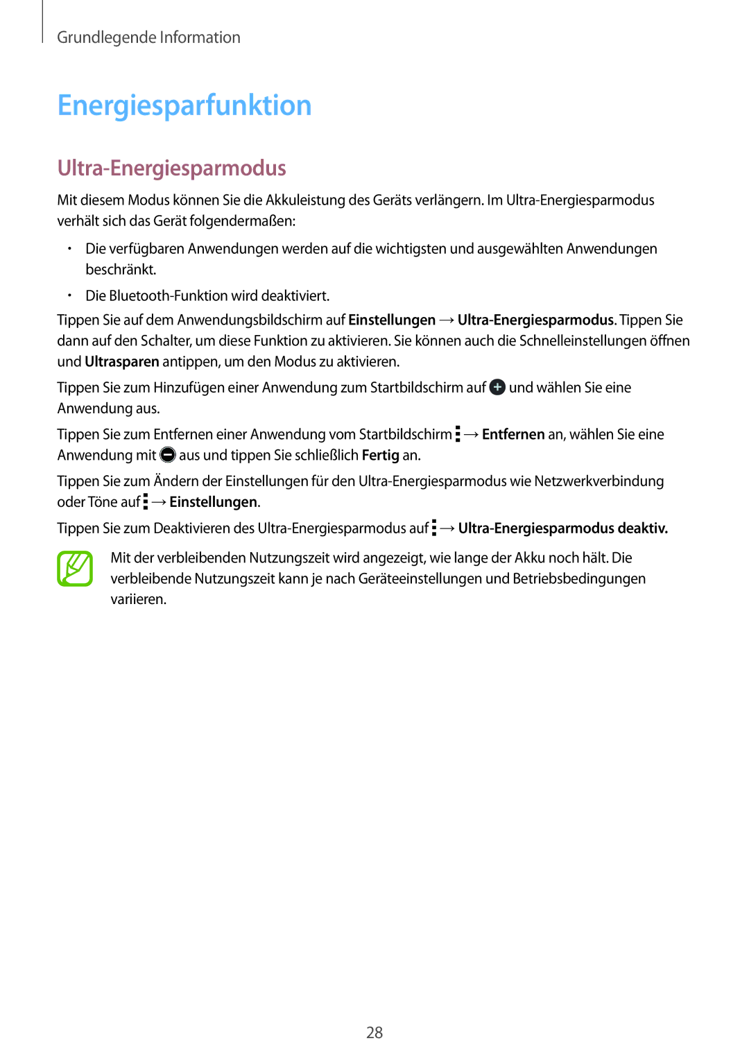 Samsung SM-T560NZKADBT, SM-T560NZWADBT manual Energiesparfunktion, Ultra-Energiesparmodus 