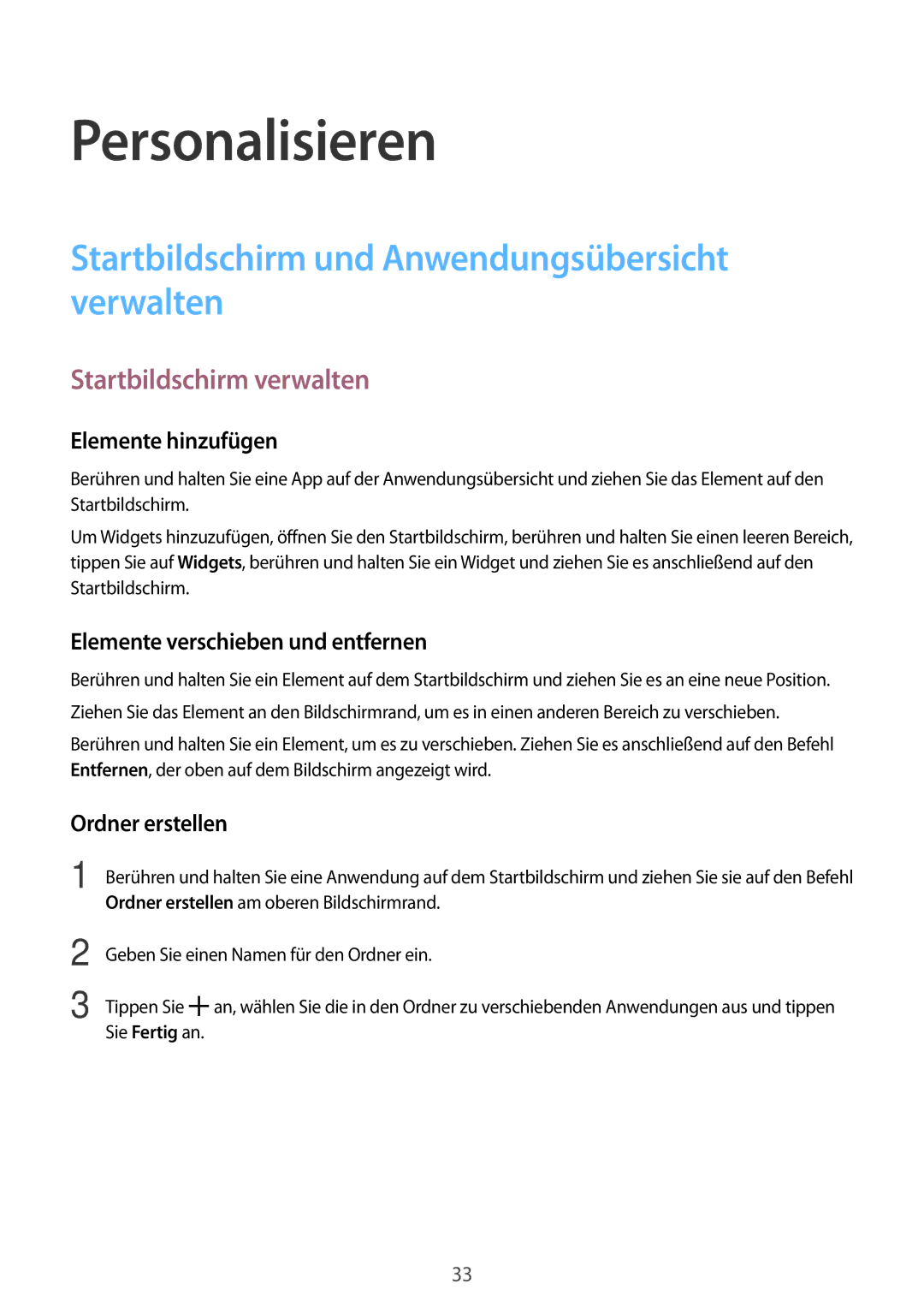 Samsung SM-T560NZWADBT manual Personalisieren, Startbildschirm und Anwendungsübersicht verwalten, Startbildschirm verwalten 