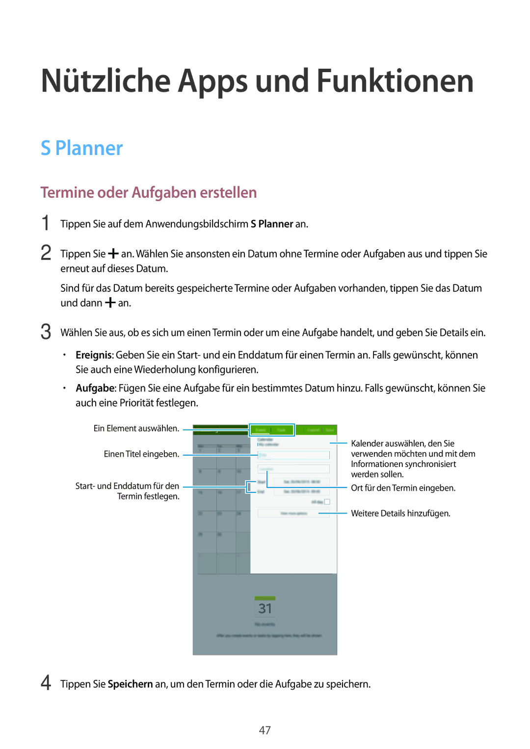 Samsung SM-T560NZWADBT, SM-T560NZKADBT manual Planner, Termine oder Aufgaben erstellen 