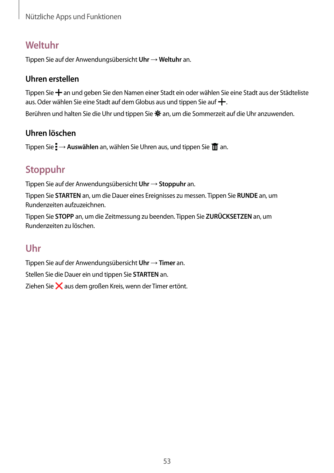 Samsung SM-T560NZWADBT, SM-T560NZKADBT manual Weltuhr, Stoppuhr, Uhren erstellen, Uhren löschen 