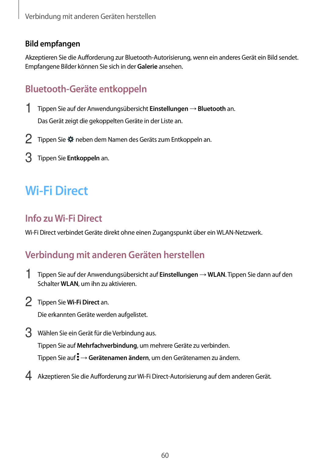 Samsung SM-T560NZKADBT Bluetooth-Geräte entkoppeln, Info zu Wi-Fi Direct, Verbindung mit anderen Geräten herstellen 