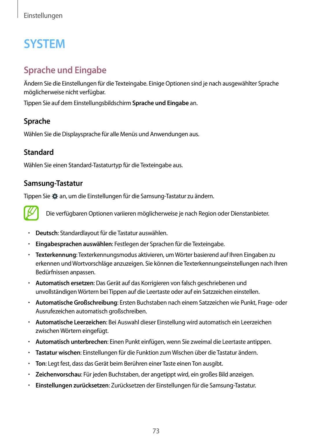 Samsung SM-T560NZWADBT, SM-T560NZKADBT manual Sprache und Eingabe, Standard, Samsung-Tastatur 