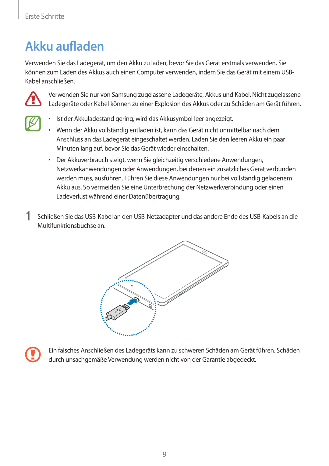 Samsung SM-T560NZWADBT, SM-T560NZKADBT manual Akku aufladen 