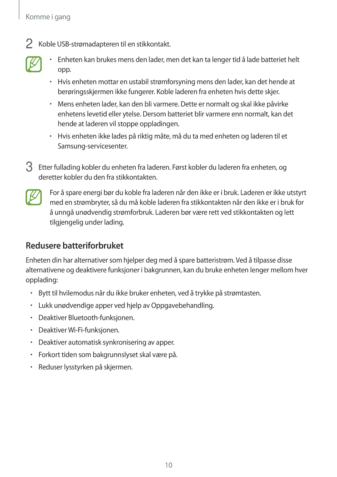 Samsung SM-T560NZKANEE manual Redusere batteriforbruket 