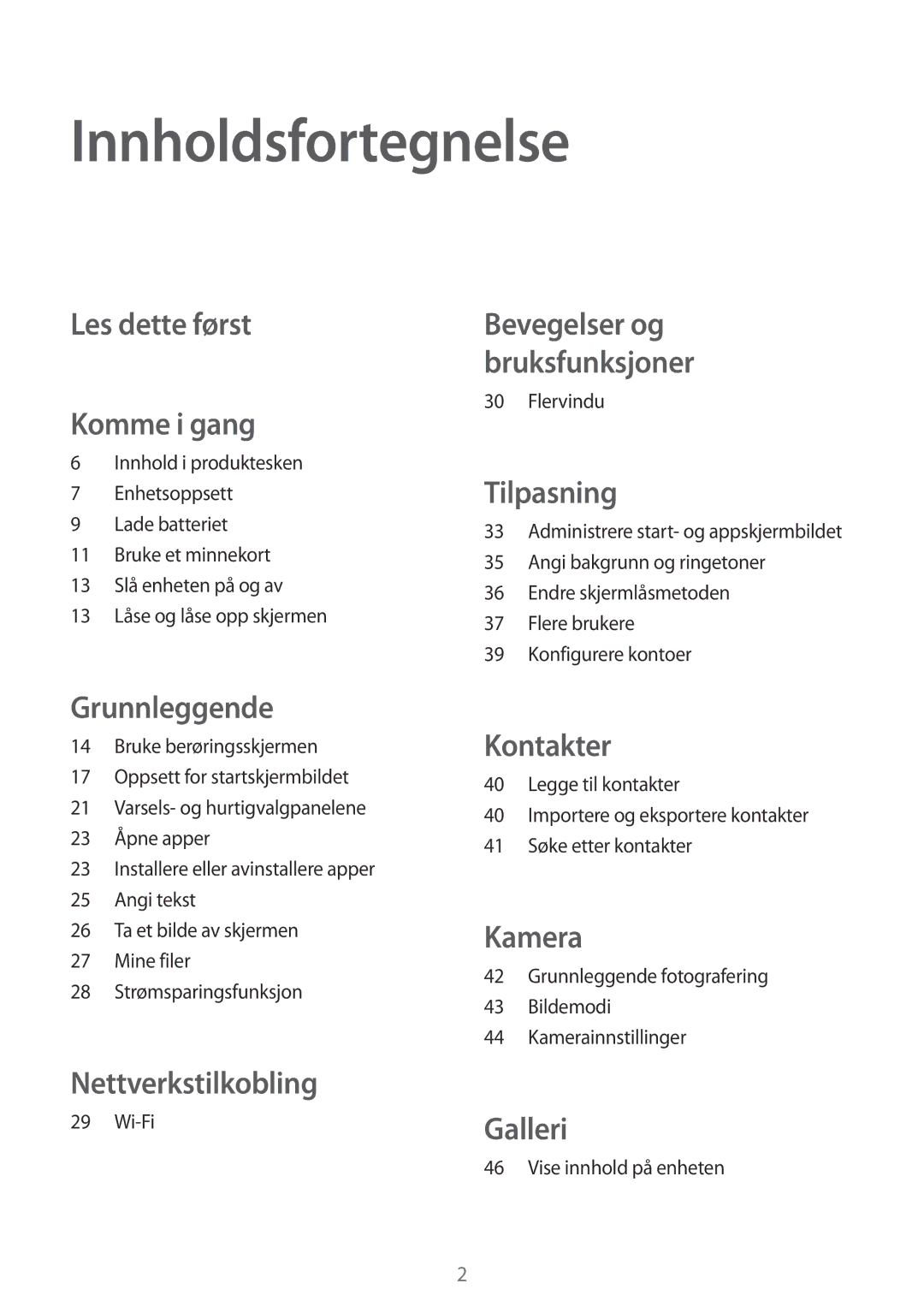 Samsung SM-T560NZKANEE manual Innholdsfortegnelse, Les dette først Komme i gang 