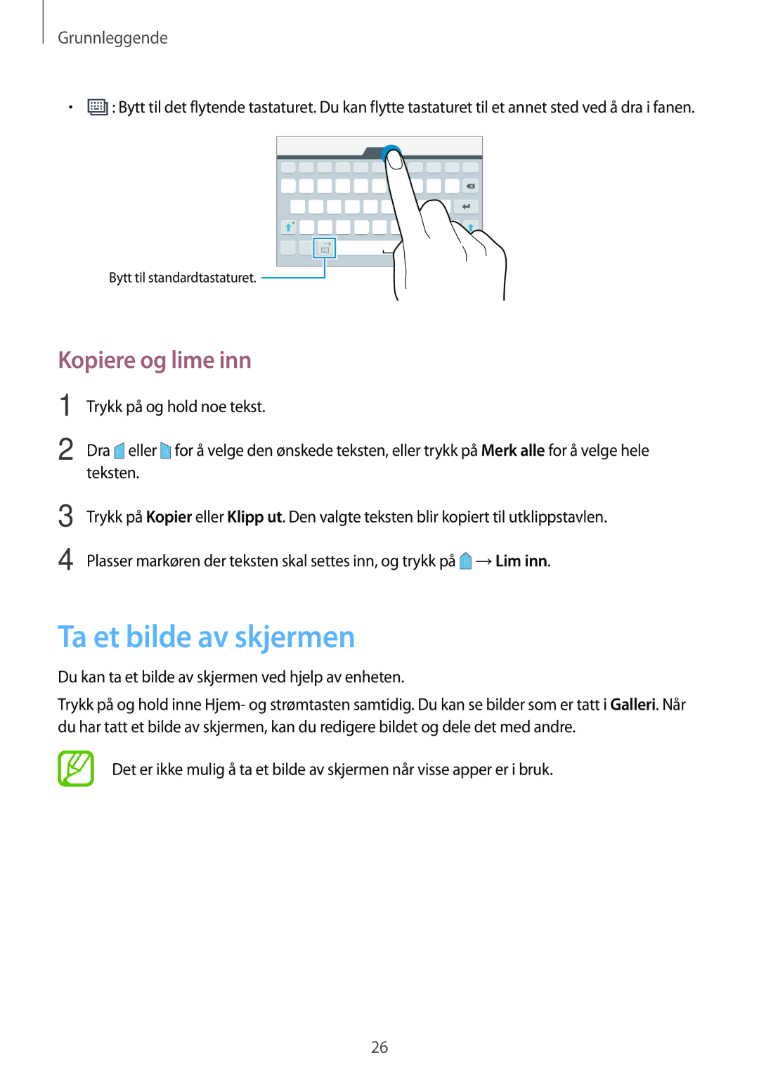 Samsung SM-T560NZKANEE manual Ta et bilde av skjermen, Kopiere og lime inn 