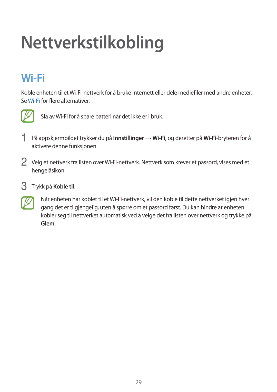 Samsung SM-T560NZKANEE manual Nettverkstilkobling, Wi-Fi 