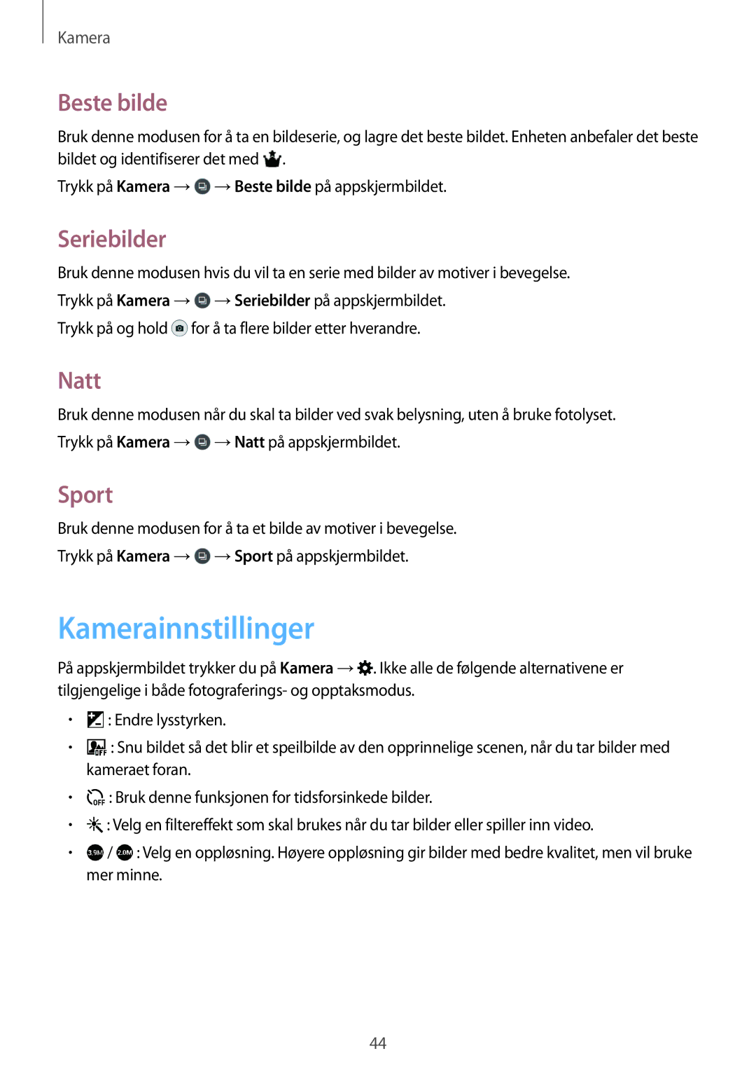 Samsung SM-T560NZKANEE manual Kamerainnstillinger, Beste bilde, Seriebilder, Natt, Sport 