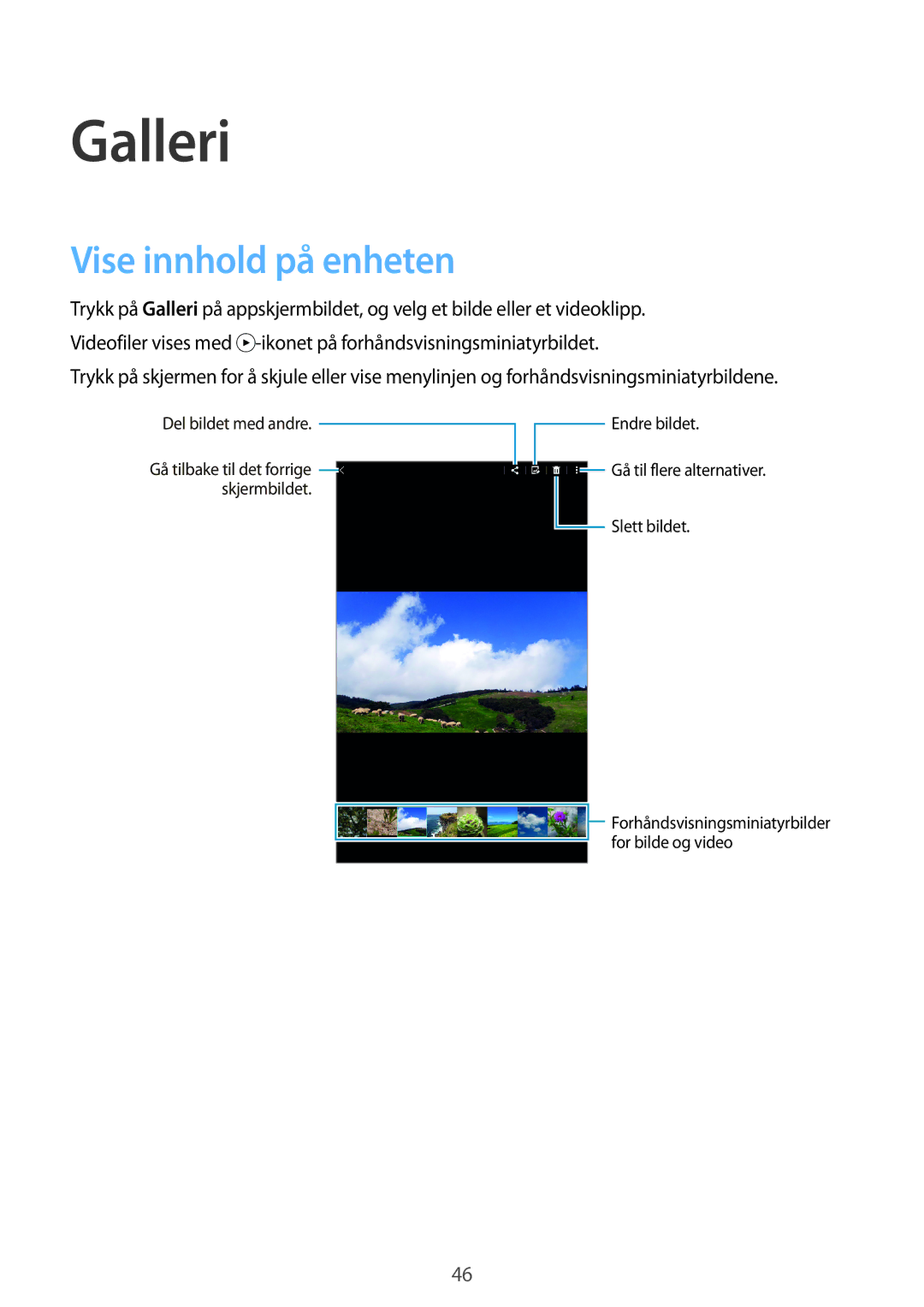 Samsung SM-T560NZKANEE manual Galleri, Vise innhold på enheten 