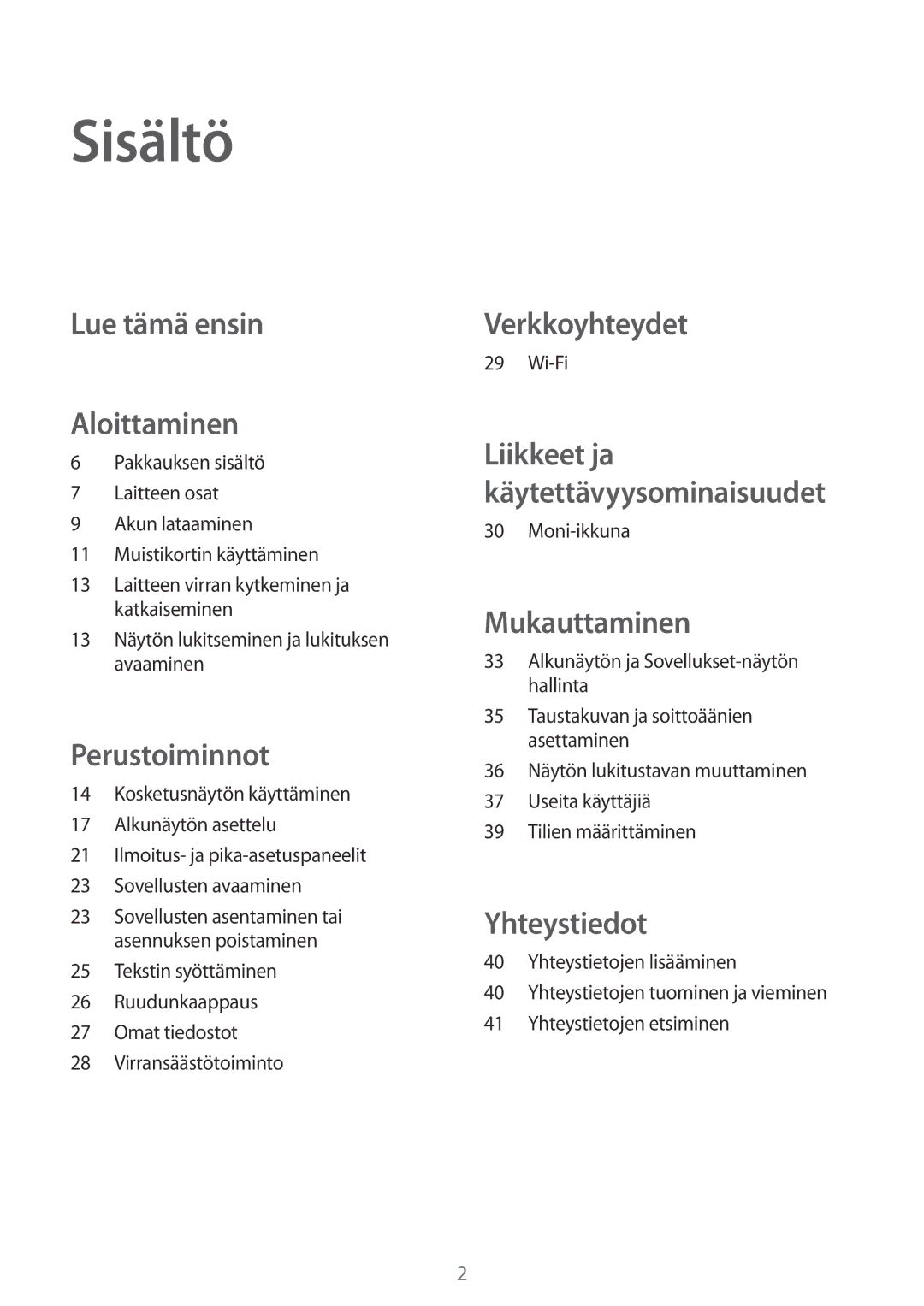 Samsung SM-T560NZKANEE manual Sisältö, Lue tämä ensin Aloittaminen 