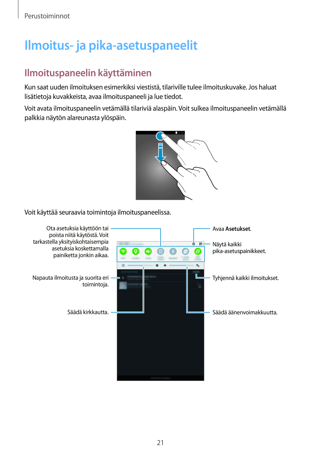 Samsung SM-T560NZKANEE manual Ilmoitus- ja pika-asetuspaneelit, Ilmoituspaneelin käyttäminen 