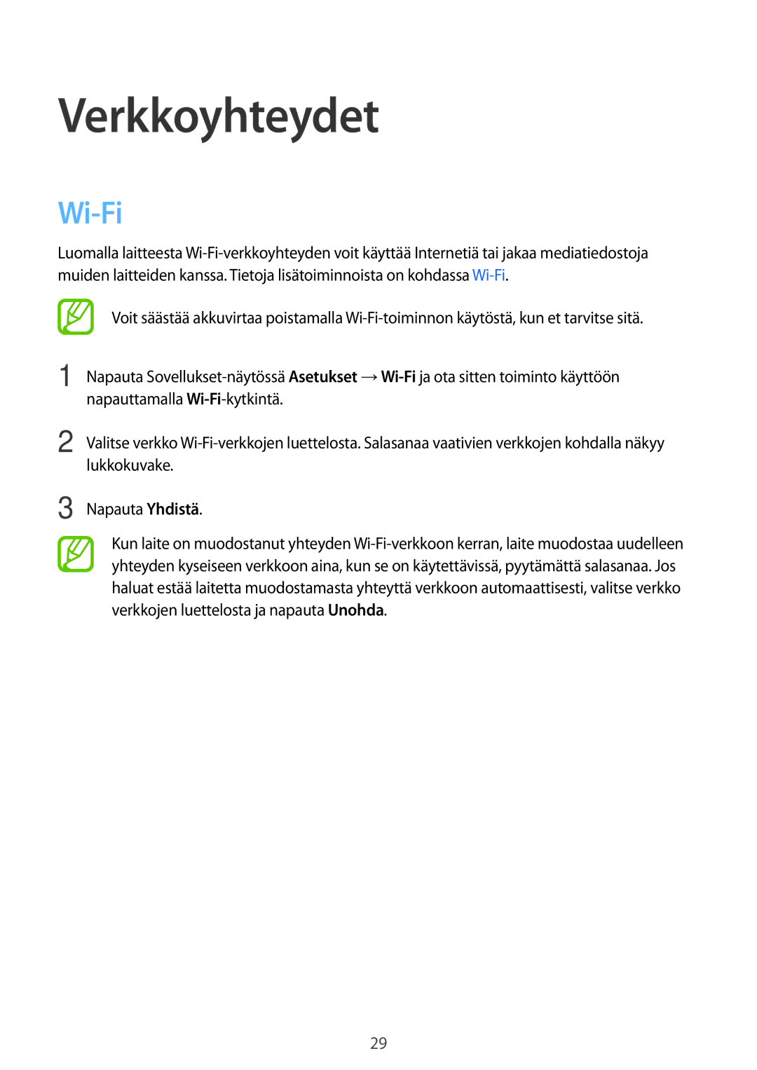 Samsung SM-T560NZKANEE manual Verkkoyhteydet, Wi-Fi 