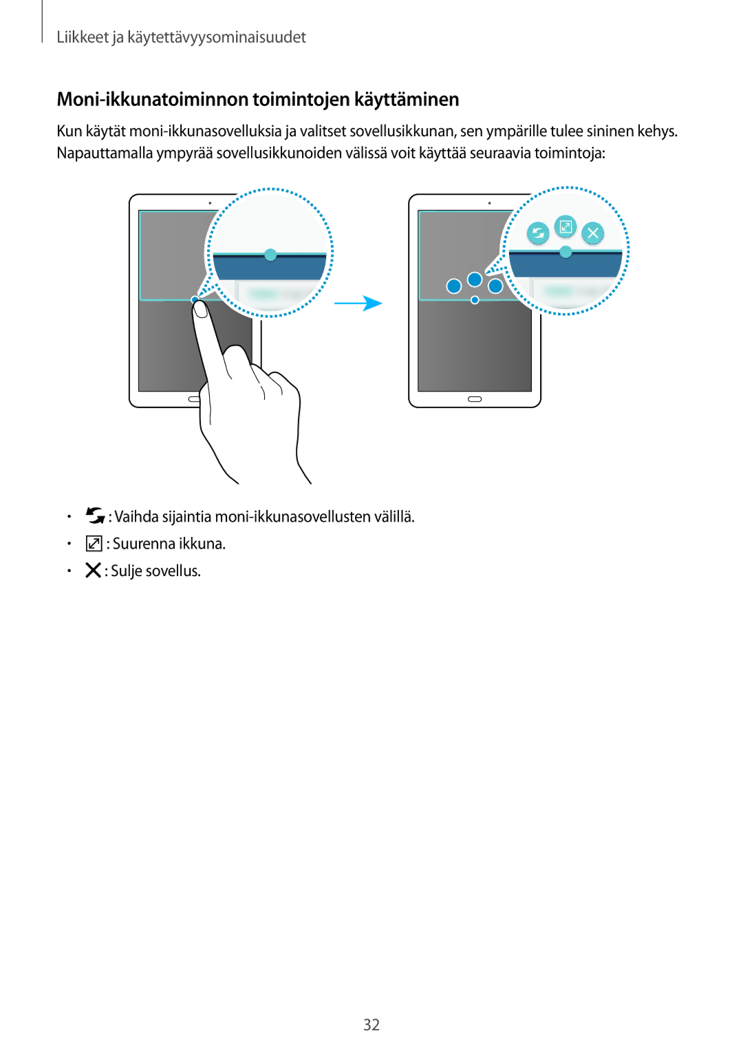 Samsung SM-T560NZKANEE manual Moni-ikkunatoiminnon toimintojen käyttäminen 