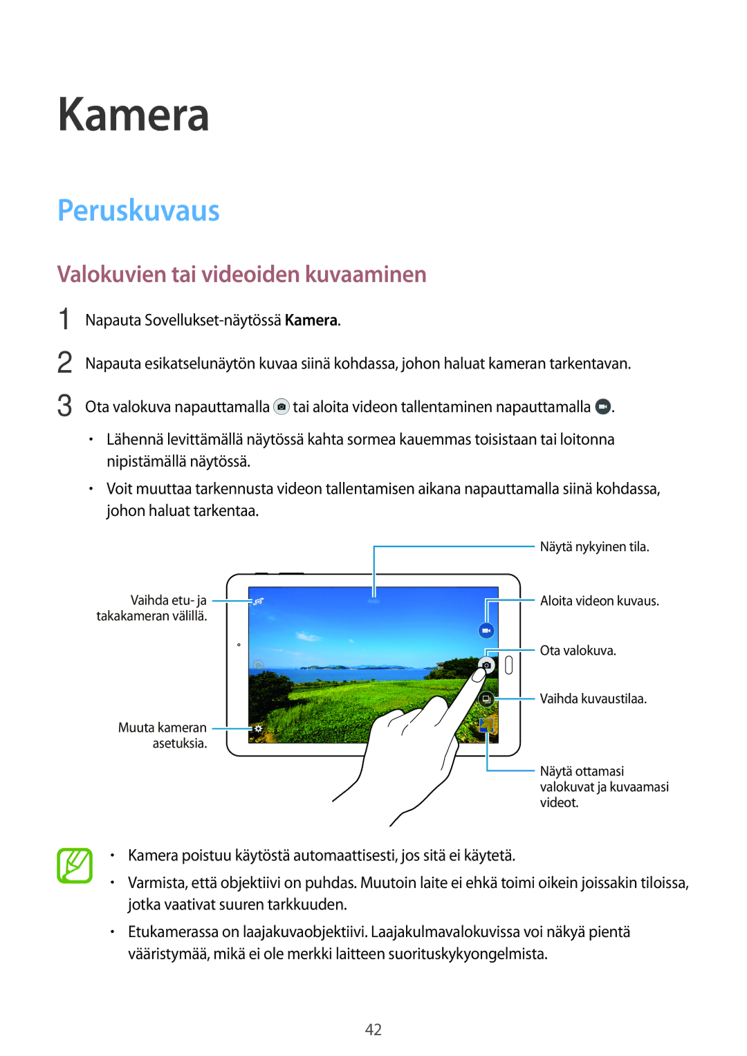 Samsung SM-T560NZKANEE manual Kamera, Peruskuvaus, Valokuvien tai videoiden kuvaaminen 