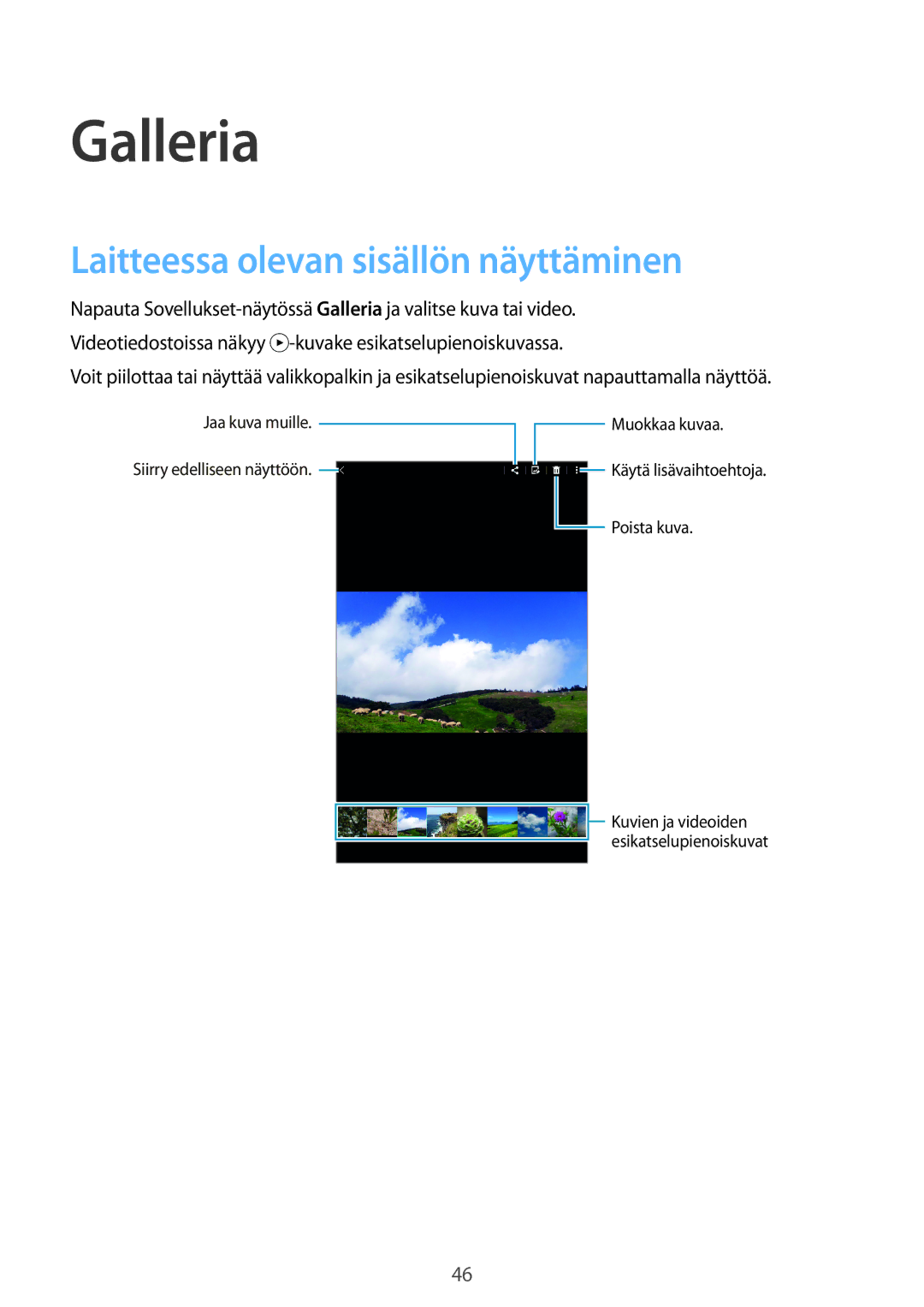 Samsung SM-T560NZKANEE manual Galleria, Laitteessa olevan sisällön näyttäminen 