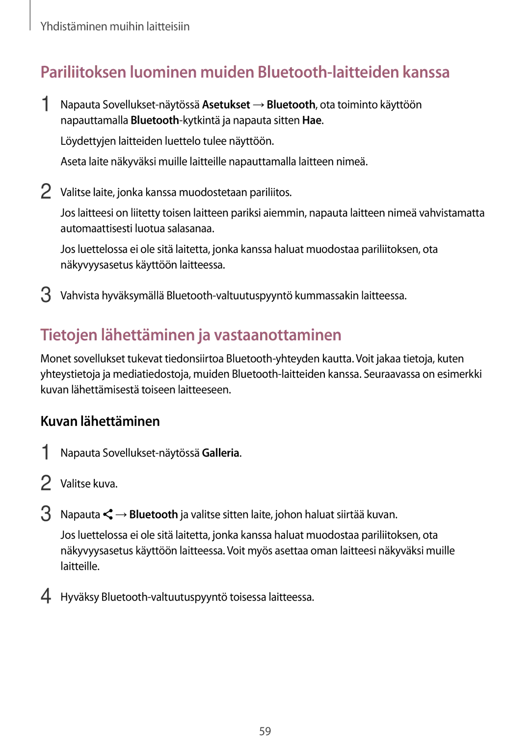 Samsung SM-T560NZKANEE manual Pariliitoksen luominen muiden Bluetooth-laitteiden kanssa, Kuvan lähettäminen 