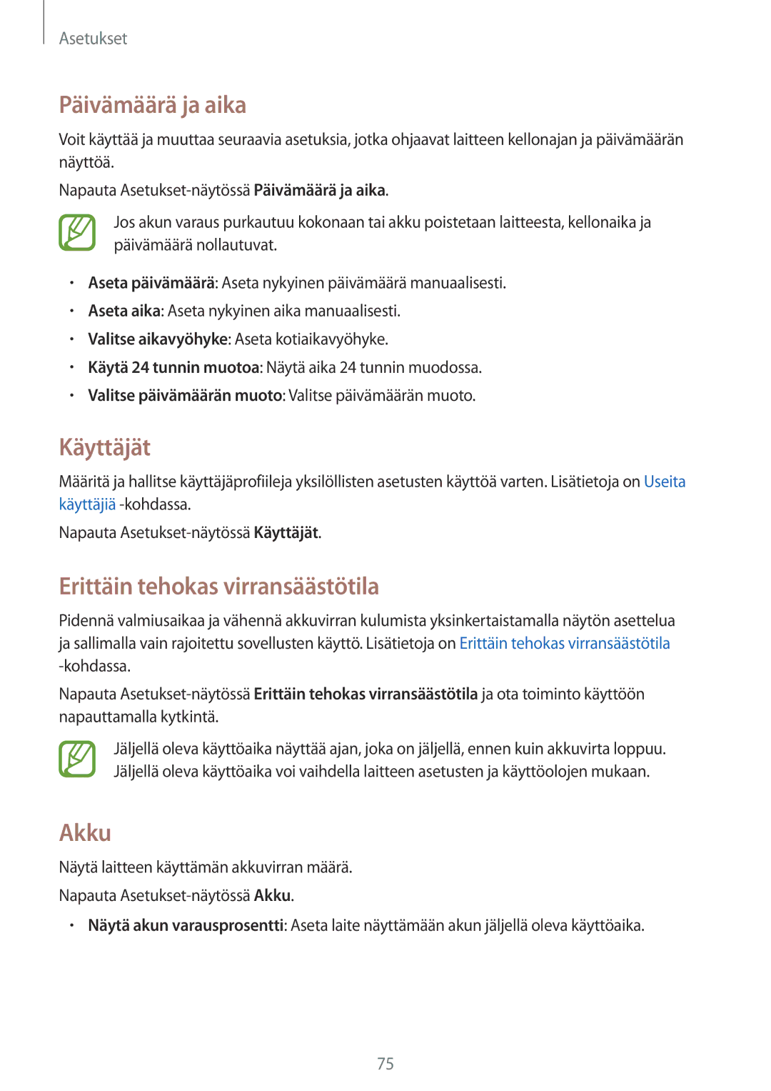 Samsung SM-T560NZKANEE manual Päivämäärä ja aika, Käyttäjät, Akku 