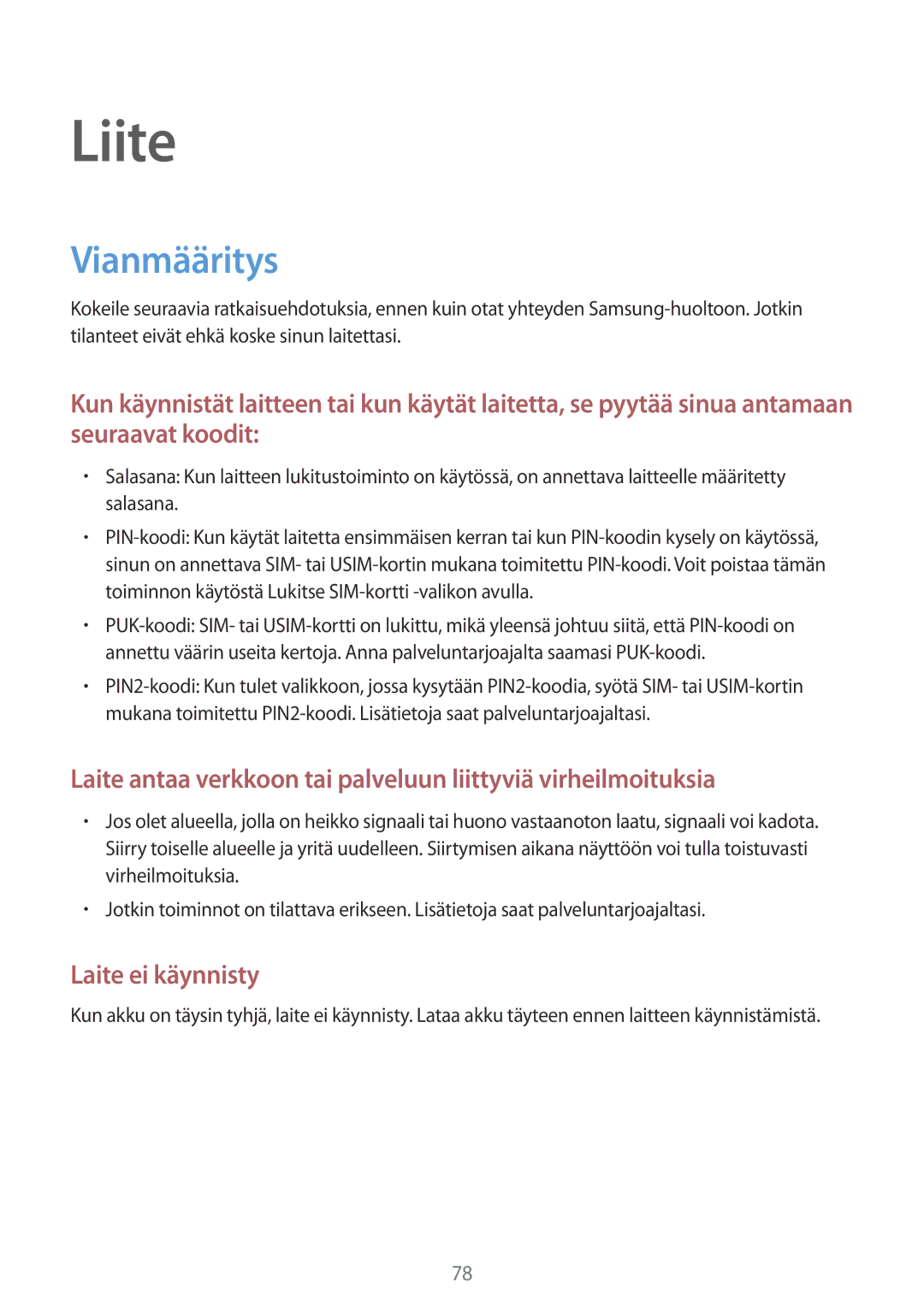 Samsung SM-T560NZKANEE manual Liite, Vianmääritys 