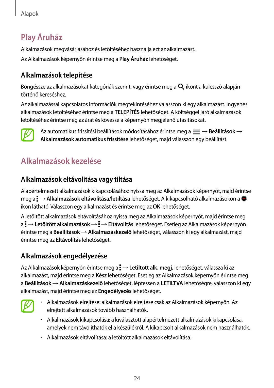 Samsung SM-T560NZKAXEH, SM-T560NZWAXEH manual Play Áruház, Alkalmazások kezelése, Alkalmazások eltávolítása vagy tiltása 