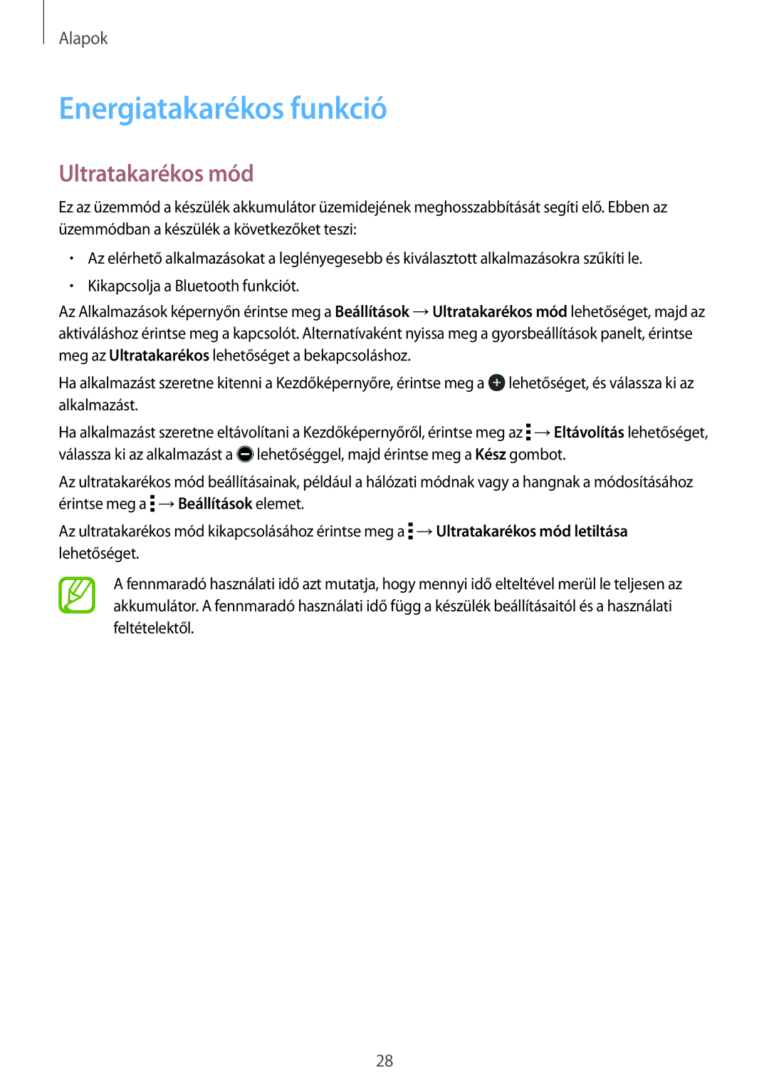 Samsung SM-T560NZWAXEH, SM-T560NZKAXEH, SM-T560NZNAXEH manual Energiatakarékos funkció, Ultratakarékos mód 