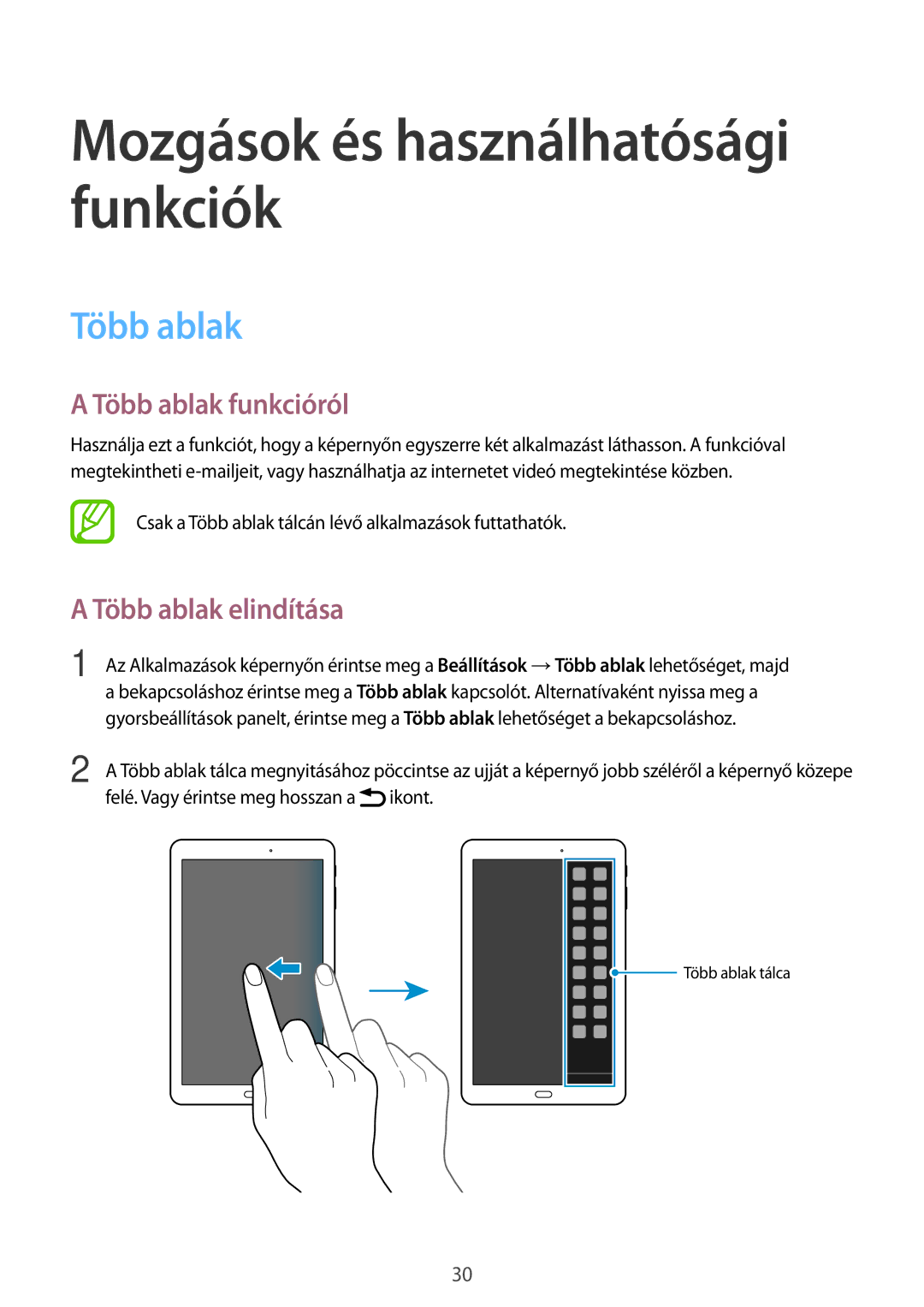 Samsung SM-T560NZKAXEH, SM-T560NZWAXEH, SM-T560NZNAXEH manual Több ablak funkcióról, Több ablak elindítása 