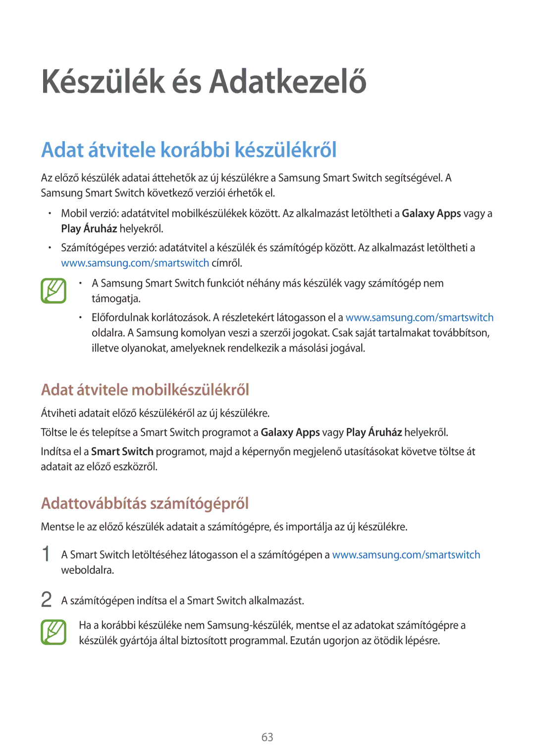 Samsung SM-T560NZKAXEH manual Készülék és Adatkezelő, Adat átvitele korábbi készülékről, Adat átvitele mobilkészülékről 