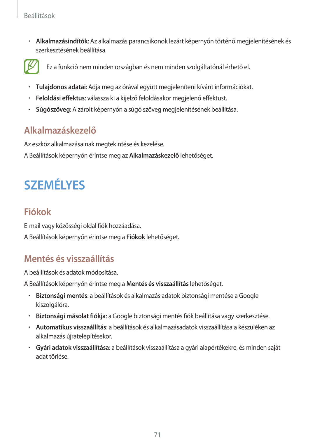 Samsung SM-T560NZNAXEH, SM-T560NZKAXEH, SM-T560NZWAXEH manual Alkalmazáskezelő, Fiókok, Mentés és visszaállítás 