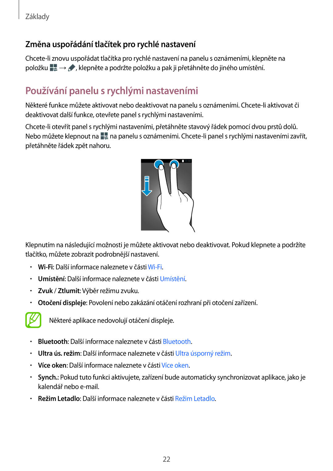 Samsung SM-T560NZKAXEZ manual Používání panelu s rychlými nastaveními, Změna uspořádání tlačítek pro rychlé nastavení 